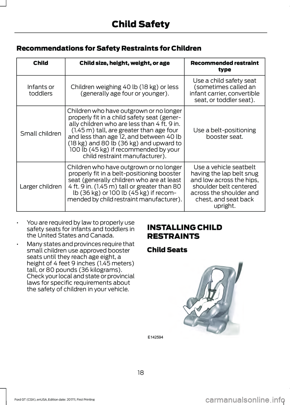 FORD GT 2018 Owners Manual Recommendations for Safety Restraints for Children
Recommended restraint
type
Child size, height, weight, or age
Child
Use a child safety seat(sometimes called an
infant carrier, convertible seat, or FORD GT 2018 Owners Manual Recommendations for Safety Restraints for Children
Recommended restraint
type
Child size, height, weight, or age
Child
Use a child safety seat(sometimes called an
infant carrier, convertible seat, or