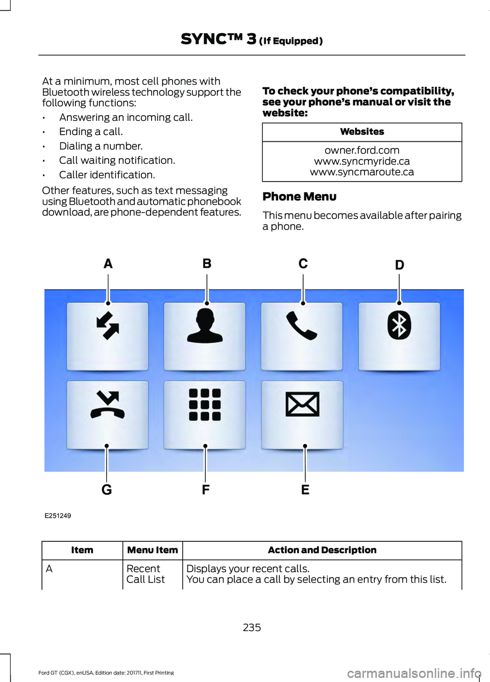 FORD GT 2018 Owners Manual At a minimum, most cell phones with
Bluetooth wireless technology support the
following functions:
•
Answering an incoming call.
• Ending a call.
• Dialing a number.
• Call waiting notificatio FORD GT 2018 Owners Manual At a minimum, most cell phones with
Bluetooth wireless technology support the
following functions:
•
Answering an incoming call.
• Ending a call.
• Dialing a number.
• Call waiting notificatio