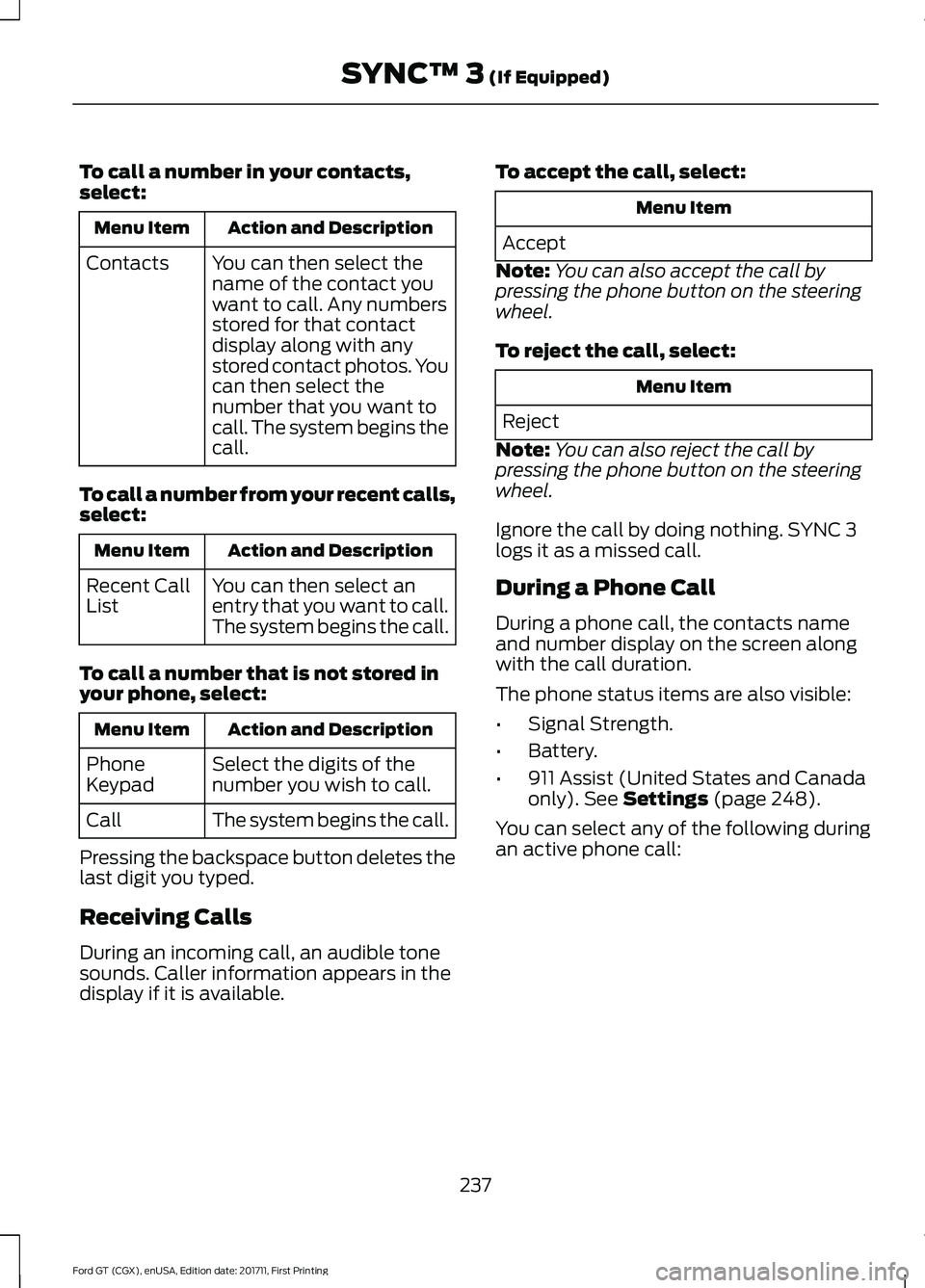 FORD GT 2018 Owners Manual To call a number in your contacts,
select:
Action and Description
Menu Item
You can then select the
name of the contact you
want to call. Any numbers
stored for that contact
display along with any
sto FORD GT 2018 Owners Manual To call a number in your contacts,
select:
Action and Description
Menu Item
You can then select the
name of the contact you
want to call. Any numbers
stored for that contact
display along with any
sto