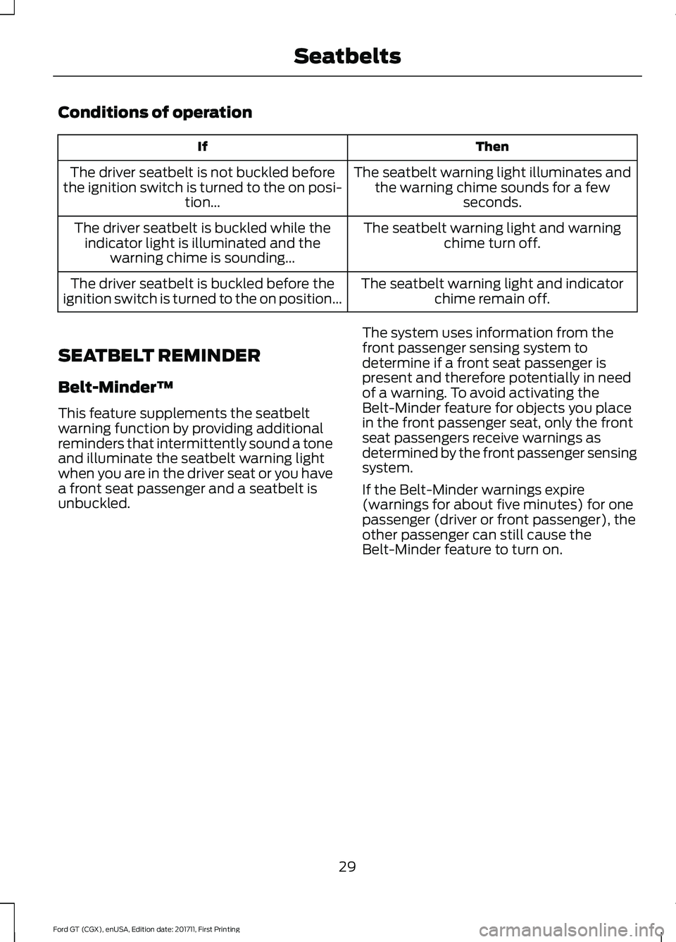 FORD GT 2018 Owners Guide Conditions of operation
Then
If
The seatbelt warning light illuminates andthe warning chime sounds for a few seconds.
The driver seatbelt is not buckled before
the ignition switch is turned to the on 