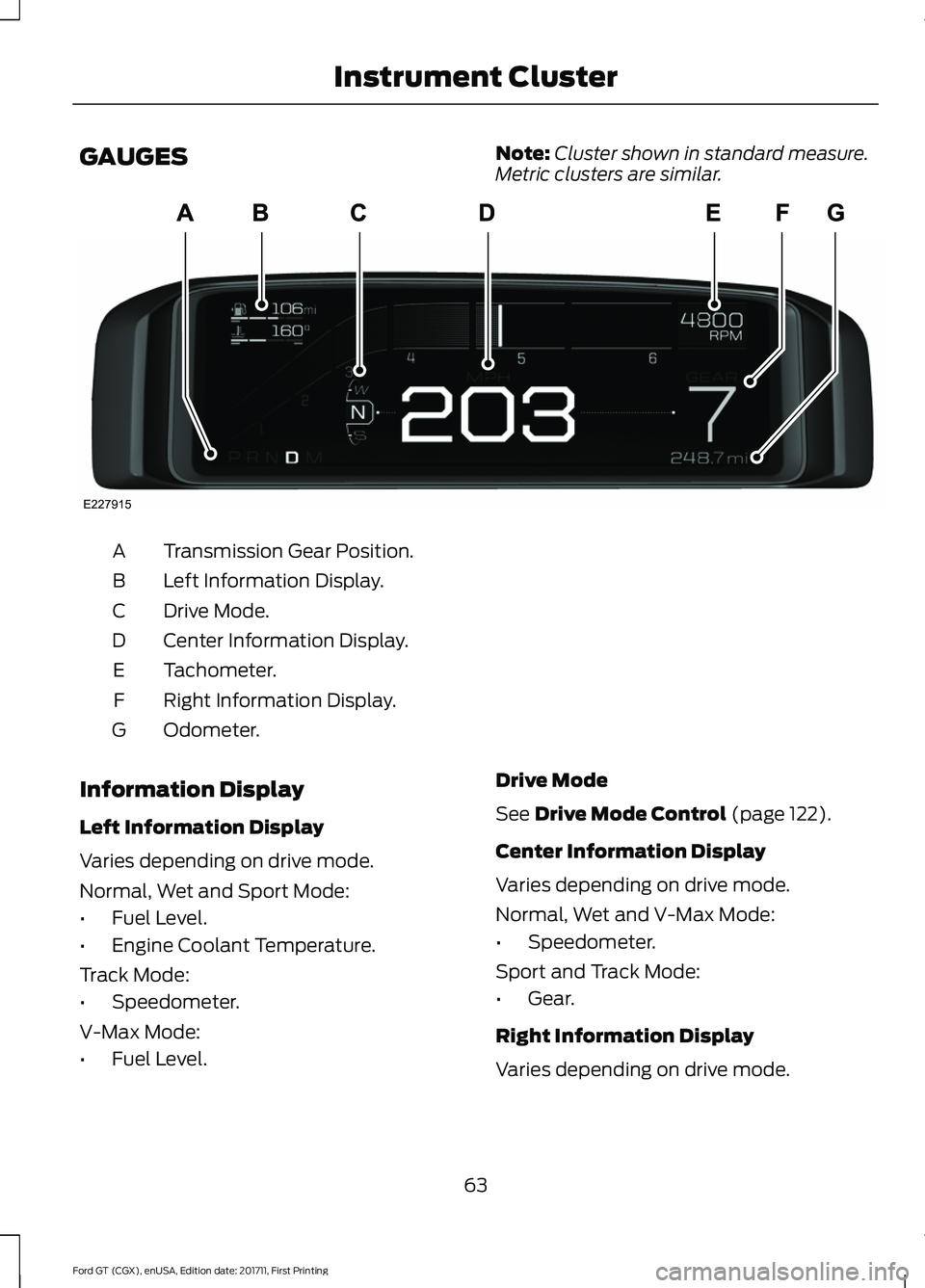 FORD GT 2018 Repair Manual GAUGES
Note:
Cluster shown in standard measure.
Metric clusters are similar. Transmission Gear Position.
A
Left Information Display.
B
Drive Mode.
C
Center Information Display.
D
Tachometer.
E
Right I
