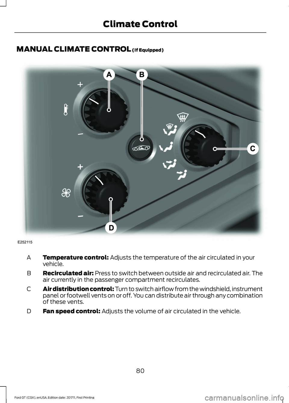 FORD GT 2018 Manual Online MANUAL CLIMATE CONTROL (If Equipped)
Temperature control:
 Adjusts the temperature of the air circulated in your
vehicle.
A
Recirculated air:
 Press to switch between outside air and recirculated air.