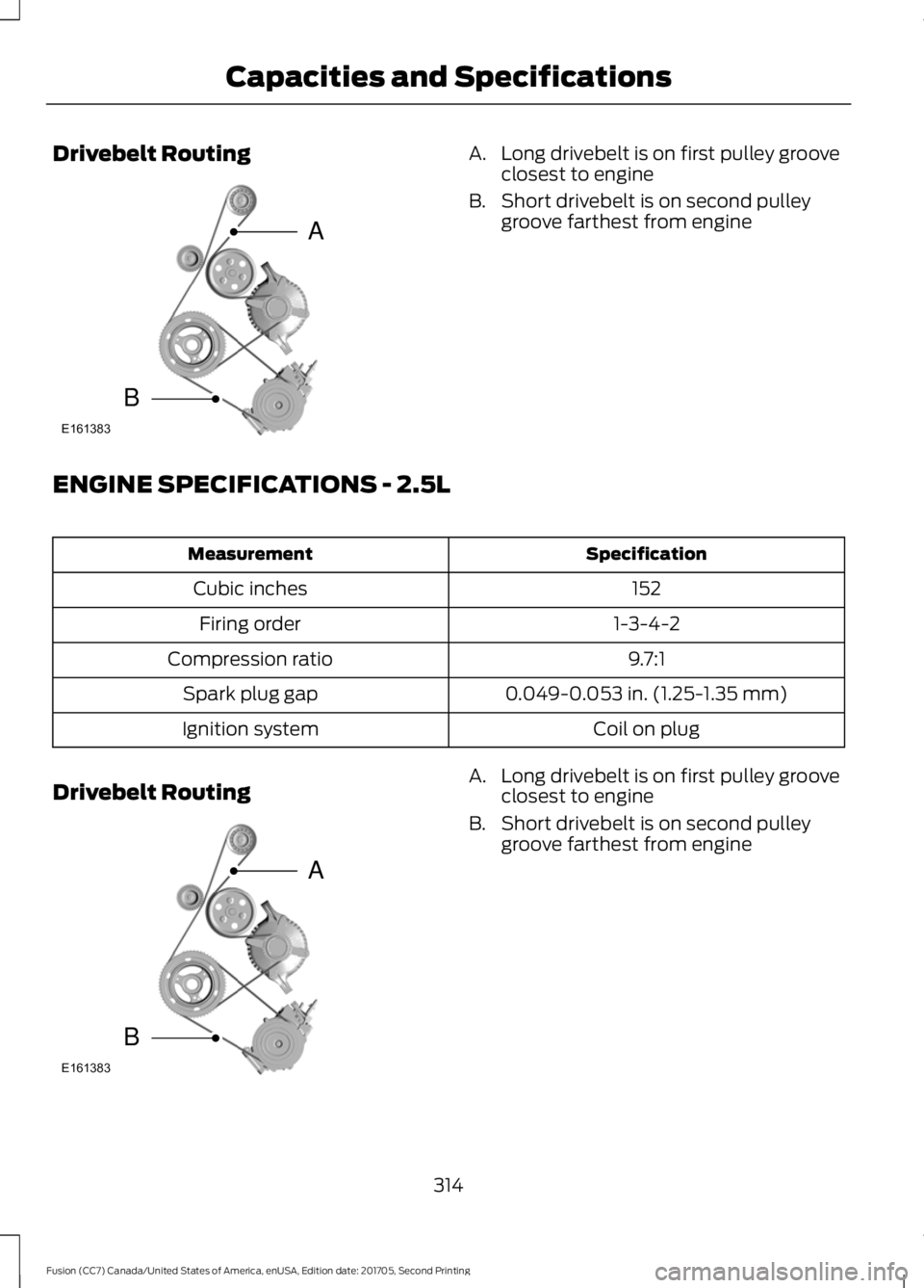 FORD FUSION 2018 Owners Manual Drivebelt Routing A. Long drivebelt is on first pulley groove
closest to engine
B. Short drivebelt is on second pulley groove farthest from engine
ENGINE SPECIFICATIONS - 2.5L Specification
Measuremen FORD FUSION 2018 Owners Manual Drivebelt Routing A. Long drivebelt is on first pulley groove
closest to engine
B. Short drivebelt is on second pulley groove farthest from engine
ENGINE SPECIFICATIONS - 2.5L Specification
Measuremen