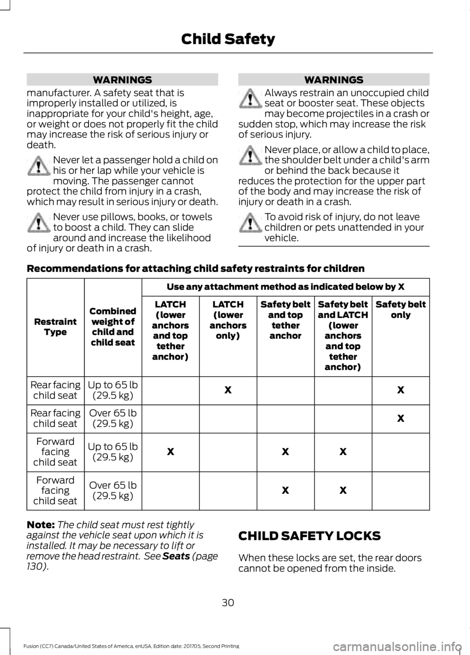 FORD FUSION 2018  Owners Manual WARNINGS
manufacturer. A safety seat that is
improperly installed or utilized, is
inappropriate for your child's height, age,
or weight or does not properly fit the child
may increase the risk of 