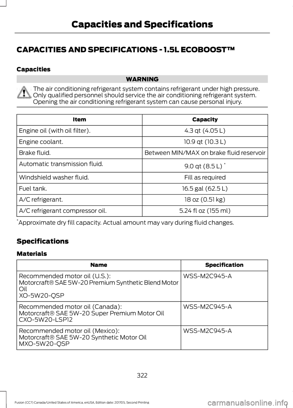 FORD FUSION 2018  Owners Manual CAPACITIES AND SPECIFICATIONS - 1.5L ECOBOOST™
Capacities
WARNING
The air conditioning refrigerant system contains refrigerant under high pressure.
Only qualified personnel should service the air co