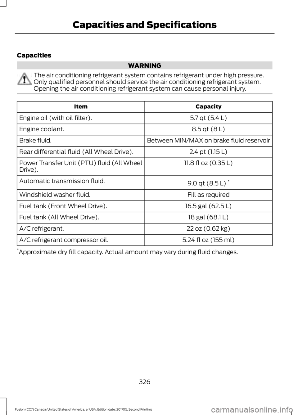FORD FUSION 2018  Owners Manual Capacities
WARNING
The air conditioning refrigerant system contains refrigerant under high pressure.
Only qualified personnel should service the air conditioning refrigerant system.
Opening the air co