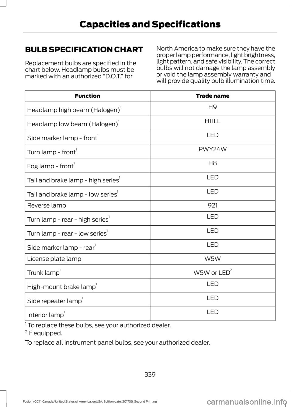FORD FUSION 2018  Owners Manual BULB SPECIFICATION CHART
Replacement bulbs are specified in the
chart below. Headlamp bulbs must be
marked with an authorized 
“D.O.T.” for North America to make sure they have the
proper lamp per