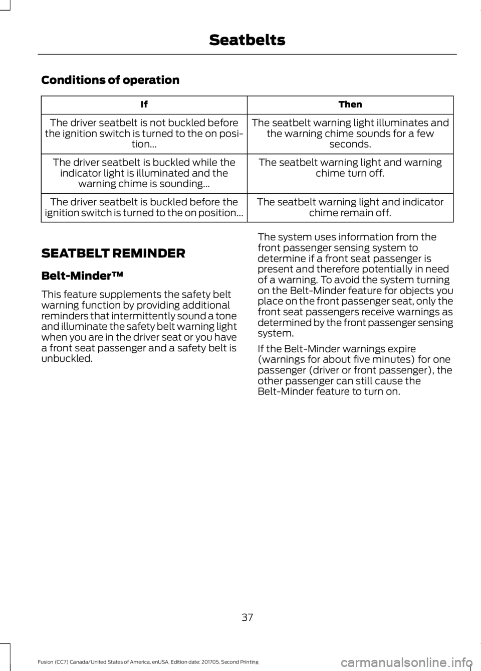 FORD FUSION 2018 Owners Guide Conditions of operation
Then
If
The seatbelt warning light illuminates andthe warning chime sounds for a few seconds.
The driver seatbelt is not buckled before
the ignition switch is turned to the on FORD FUSION 2018 Owners Guide Conditions of operation
Then
If
The seatbelt warning light illuminates andthe warning chime sounds for a few seconds.
The driver seatbelt is not buckled before
the ignition switch is turned to the on