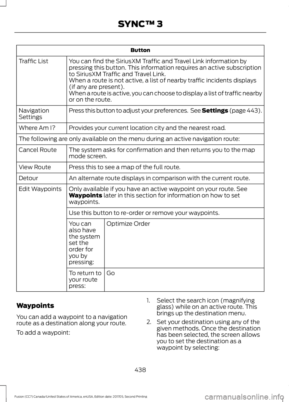 FORD FUSION 2018 Owners Manual Button
You can find the SiriusXM Traffic and Travel Link information by
pressing this button. This information requires an active subscription
to SiriusXM Traffic and Travel Link.
Traffic List
When a FORD FUSION 2018 Owners Manual Button
You can find the SiriusXM Traffic and Travel Link information by
pressing this button. This information requires an active subscription
to SiriusXM Traffic and Travel Link.
Traffic List
When a