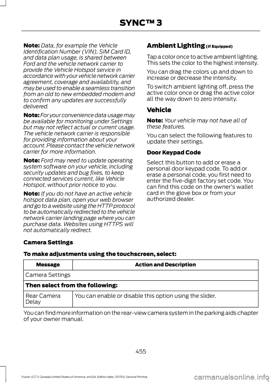 FORD FUSION 2018 Owners Manual Note:
Data, for example the Vehicle
Identification Number (VIN), SIM Card ID,
and data plan usage, is shared between
Ford and the vehicle network carrier to
provide the Vehicle Hotspot service in
acco FORD FUSION 2018 Owners Manual Note:
Data, for example the Vehicle
Identification Number (VIN), SIM Card ID,
and data plan usage, is shared between
Ford and the vehicle network carrier to
provide the Vehicle Hotspot service in
acco