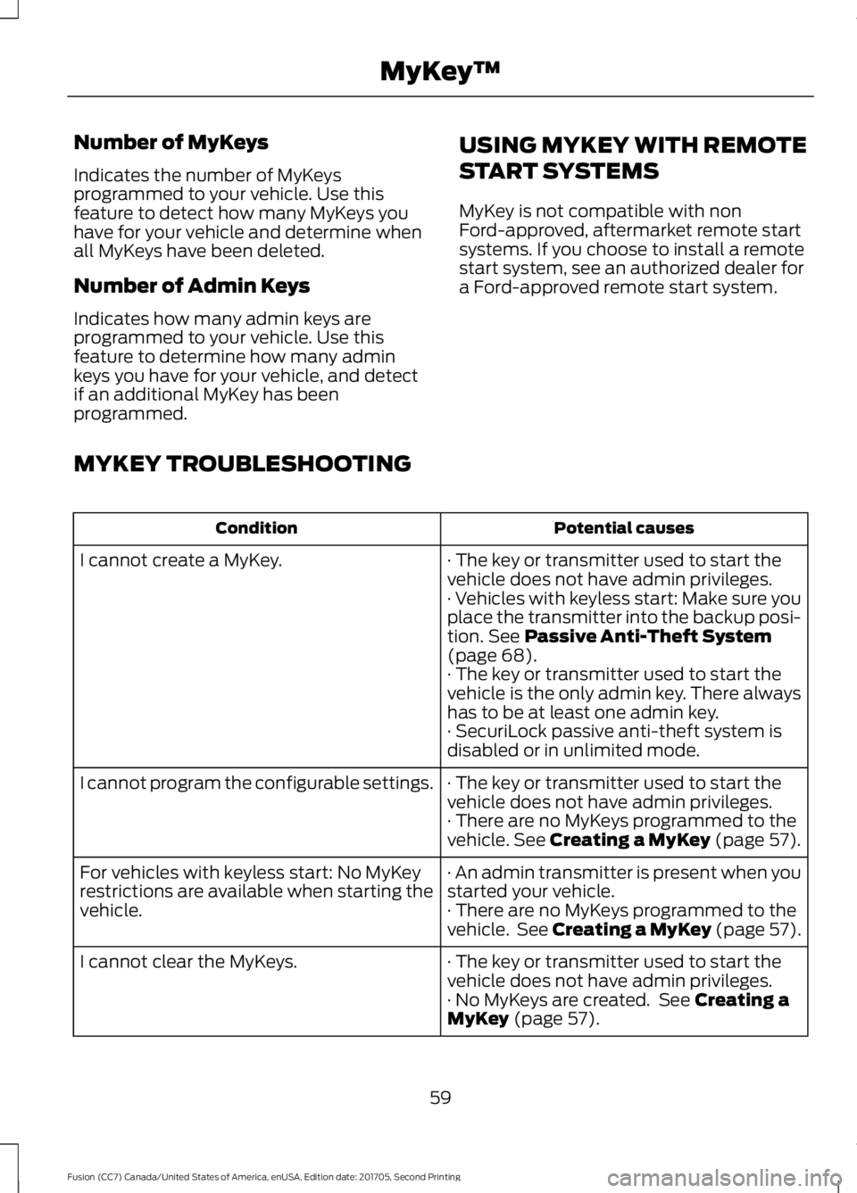 FORD FUSION 2018  Owners Manual Number of MyKeys
Indicates the number of MyKeys
programmed to your vehicle. Use this
feature to detect how many MyKeys you
have for your vehicle and determine when
all MyKeys have been deleted.
Number