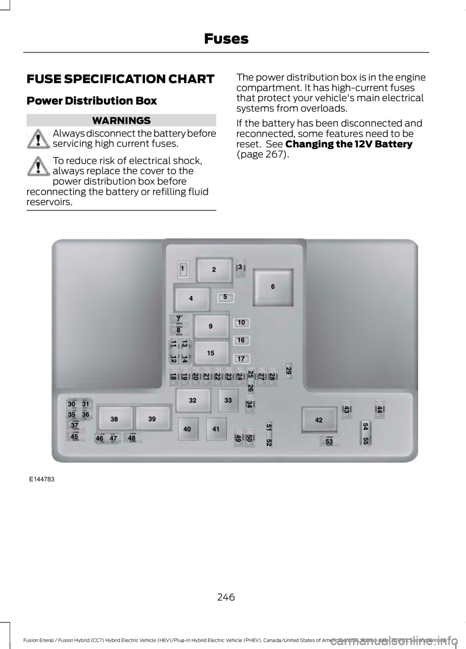FORD FUSION/HYBRID 2018 Owners Manual FUSE SPECIFICATION CHART
Power Distribution Box
WARNINGS
Always disconnect the battery before
servicing high current fuses.
To reduce risk of electrical shock,
always replace the cover to the
power di FORD FUSION/HYBRID 2018 Owners Manual FUSE SPECIFICATION CHART
Power Distribution Box
WARNINGS
Always disconnect the battery before
servicing high current fuses.
To reduce risk of electrical shock,
always replace the cover to the
power di