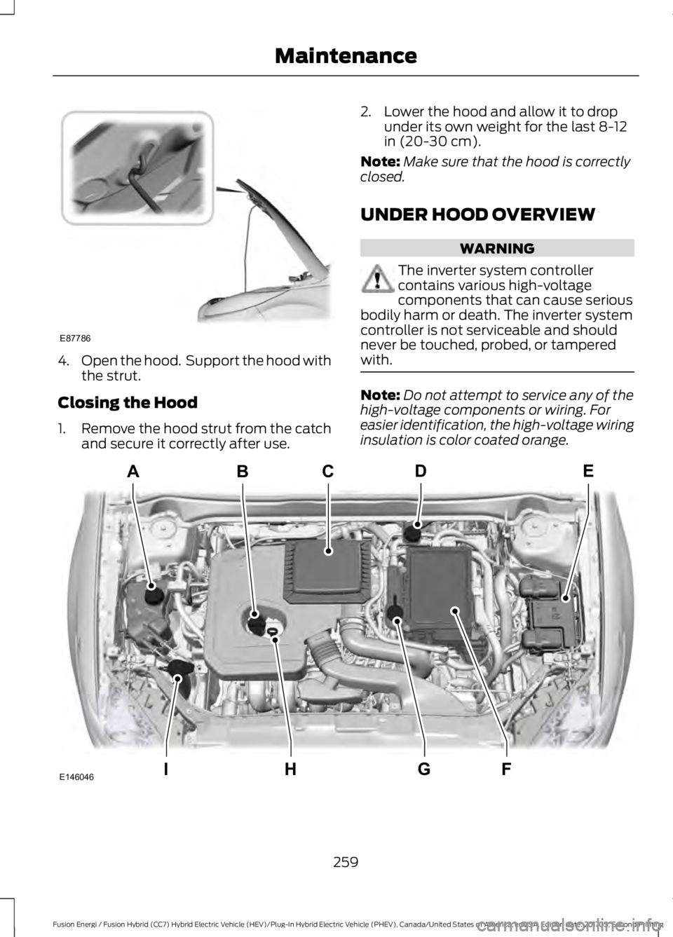 FORD FUSION/HYBRID 2018 Owners Manual 4.
Open the hood. Support the hood with
the strut.
Closing the Hood
1. Remove the hood strut from the catch
and secure it correctly after use. 2. Lower the hood and allow it to drop
under its own wei FORD FUSION/HYBRID 2018 Owners Manual 4.
Open the hood. Support the hood with
the strut.
Closing the Hood
1. Remove the hood strut from the catch
and secure it correctly after use. 2. Lower the hood and allow it to drop
under its own wei