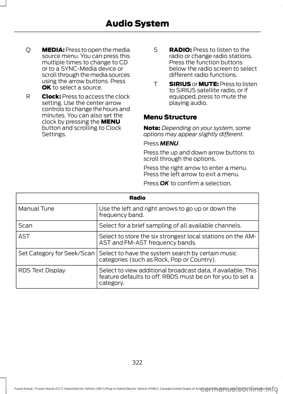 FORD FUSION/HYBRID 2018 Owners Manual MEDIA: Press to open the media
source menu. You can press this
multiple times to change to CD
or to a SYNC-Media device or
scroll through the media sources
using the arrow buttons. Press
OK to select FORD FUSION/HYBRID 2018 Owners Manual MEDIA: Press to open the media
source menu. You can press this
multiple times to change to CD
or to a SYNC-Media device or
scroll through the media sources
using the arrow buttons. Press
OK to select