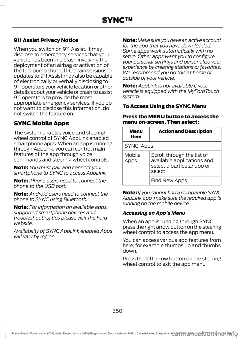 FORD FUSION/HYBRID 2018 Owners Manual 911 Assist Privacy Notice
When you switch on 911 Assist, it may
disclose to emergency services that your
vehicle has been in a crash involving the
deployment of an airbag or activation of
the fuel pum FORD FUSION/HYBRID 2018 Owners Manual 911 Assist Privacy Notice
When you switch on 911 Assist, it may
disclose to emergency services that your
vehicle has been in a crash involving the
deployment of an airbag or activation of
the fuel pum