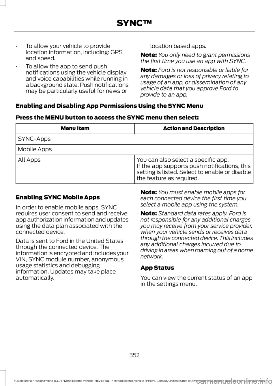 FORD FUSION/HYBRID 2018 Owners Manual •
To allow your vehicle to provide
location information, including: GPS
and speed.
• To allow the app to send push
notifications using the vehicle display
and voice capabilities while running in
a FORD FUSION/HYBRID 2018 Owners Manual •
To allow your vehicle to provide
location information, including: GPS
and speed.
• To allow the app to send push
notifications using the vehicle display
and voice capabilities while running in
a