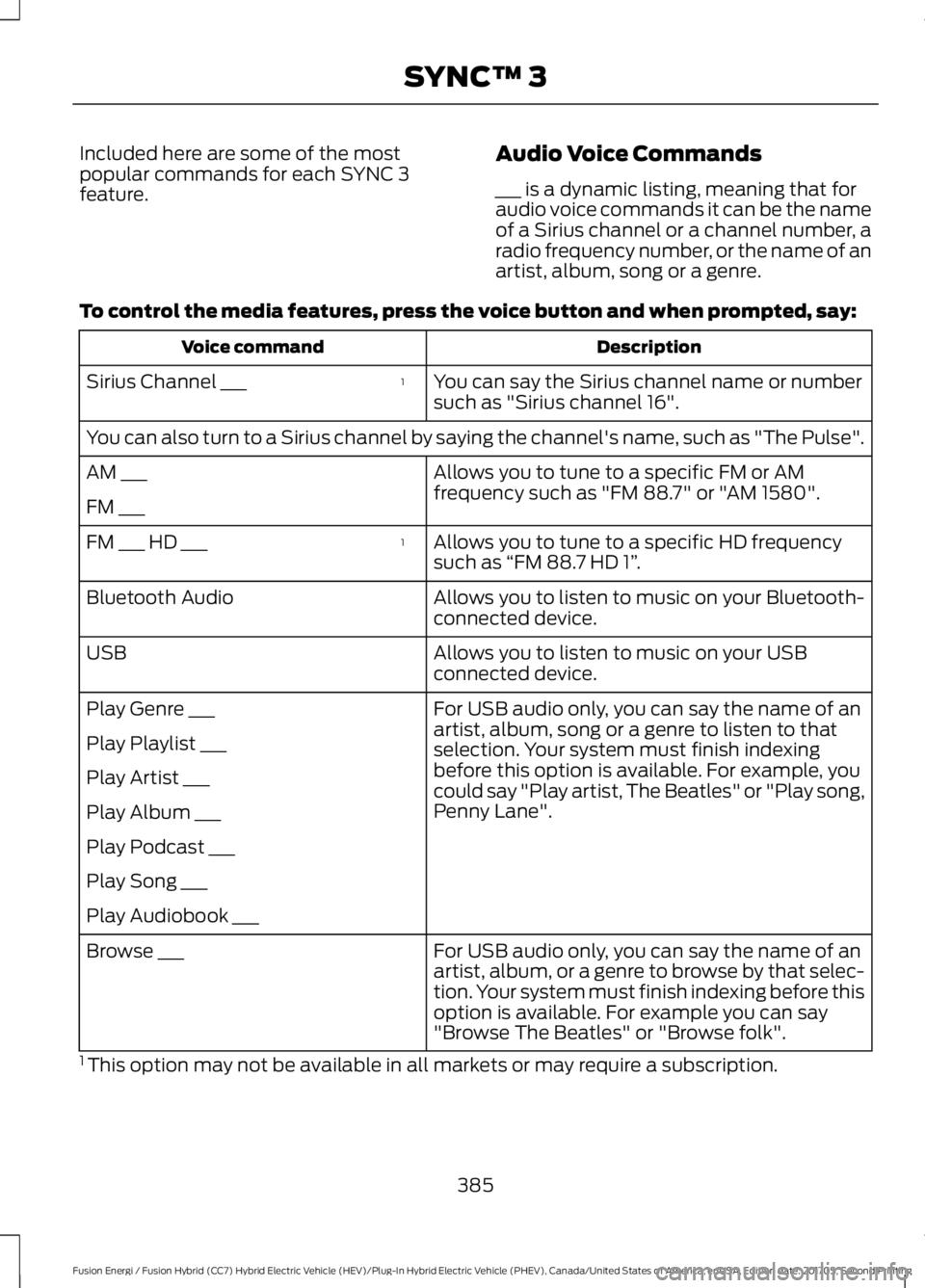 FORD FUSION/HYBRID 2018 Owners Manual Included here are some of the most
popular commands for each SYNC 3
feature.
Audio Voice Commands
___ is a dynamic listing, meaning that for
audio voice commands it can be the name
of a Sirius channel FORD FUSION/HYBRID 2018 Owners Manual Included here are some of the most
popular commands for each SYNC 3
feature.
Audio Voice Commands
___ is a dynamic listing, meaning that for
audio voice commands it can be the name
of a Sirius channel