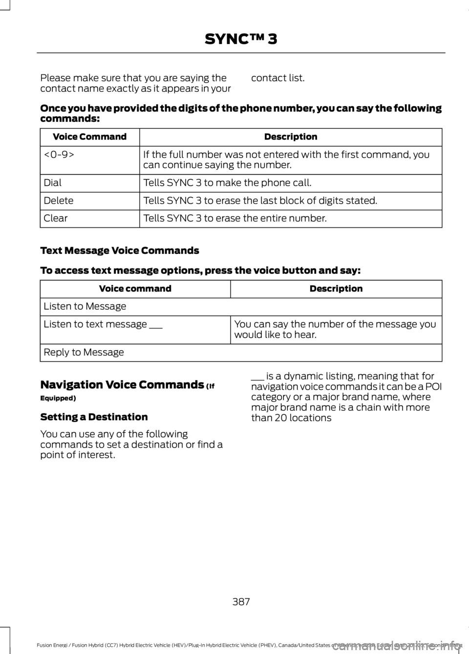 FORD FUSION/HYBRID 2018 Owners Manual Please make sure that you are saying the
contact name exactly as it appears in your
contact list.
Once you have provided the digits of the phone number, you can say the following
commands: Description FORD FUSION/HYBRID 2018 Owners Manual Please make sure that you are saying the
contact name exactly as it appears in your
contact list.
Once you have provided the digits of the phone number, you can say the following
commands: Description