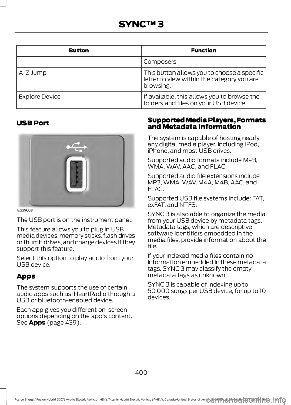 FORD FUSION/HYBRID 2018 Owners Manual Function
Button
Composers
This button allows you to choose a specific
letter to view within the category you are
browsing.
A-Z Jump
If available, this allows you to browse the
folders and files on you FORD FUSION/HYBRID 2018 Owners Manual Function
Button
Composers
This button allows you to choose a specific
letter to view within the category you are
browsing.
A-Z Jump
If available, this allows you to browse the
folders and files on you