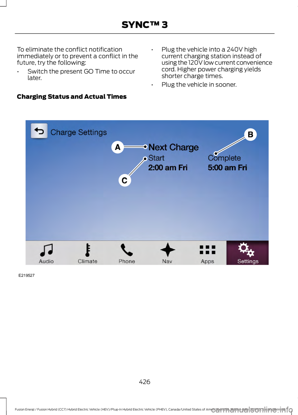 FORD FUSION/HYBRID 2018 Owners Manual To eliminate the conflict notification
immediately or to prevent a conflict in the
future, try the following:
•
Switch the present GO Time to occur
later. •
Plug the vehicle into a 240V high
curre FORD FUSION/HYBRID 2018 Owners Manual To eliminate the conflict notification
immediately or to prevent a conflict in the
future, try the following:
•
Switch the present GO Time to occur
later. •
Plug the vehicle into a 240V high
curre
