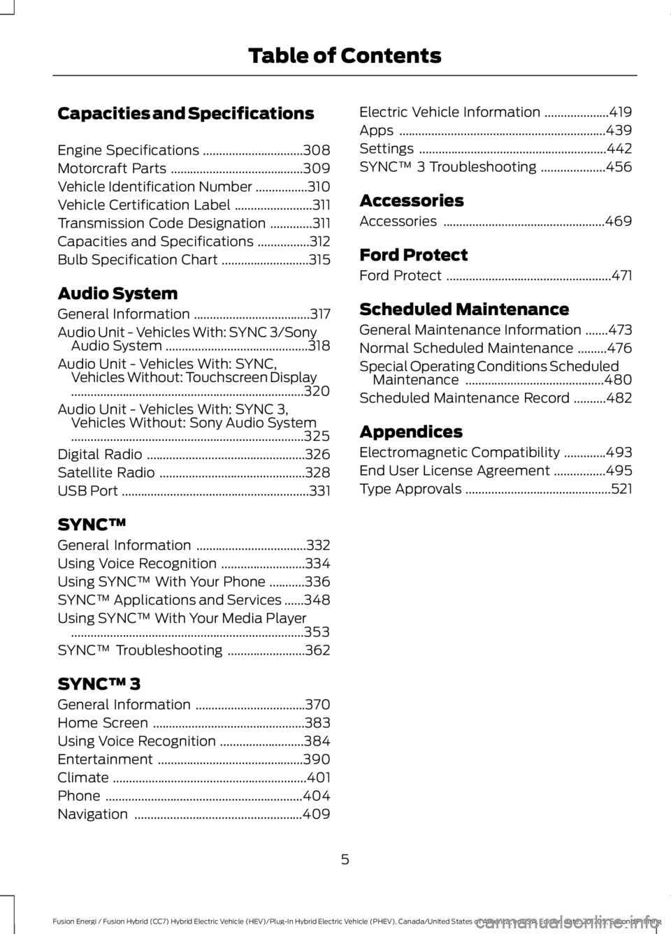 FORD FUSION/HYBRID 2018 Owners Manual Capacities and Specifications
Engine Specifications
...............................308
Motorcraft Parts .........................................
309
Vehicle Identification Number ................
310 FORD FUSION/HYBRID 2018 Owners Manual Capacities and Specifications
Engine Specifications
...............................308
Motorcraft Parts .........................................
309
Vehicle Identification Number ................
310