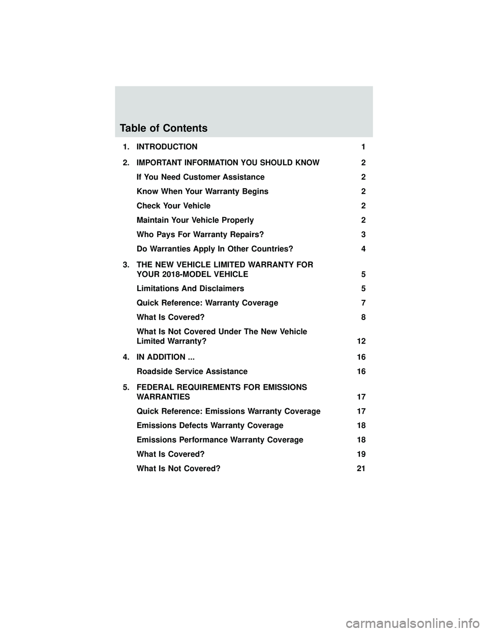 FORD FUSION/HYBRID 2018  Owners Manual Table of Contents
1. INTRODUCTION1
2.
IMPORTANT INFORMATION YOU SHOULD KNOW2
If You Need Customer Assistance 2
Know When Your Warranty Begins 2
Check Your Vehicle 2
Maintain Your Vehicle Properly 2
Wh