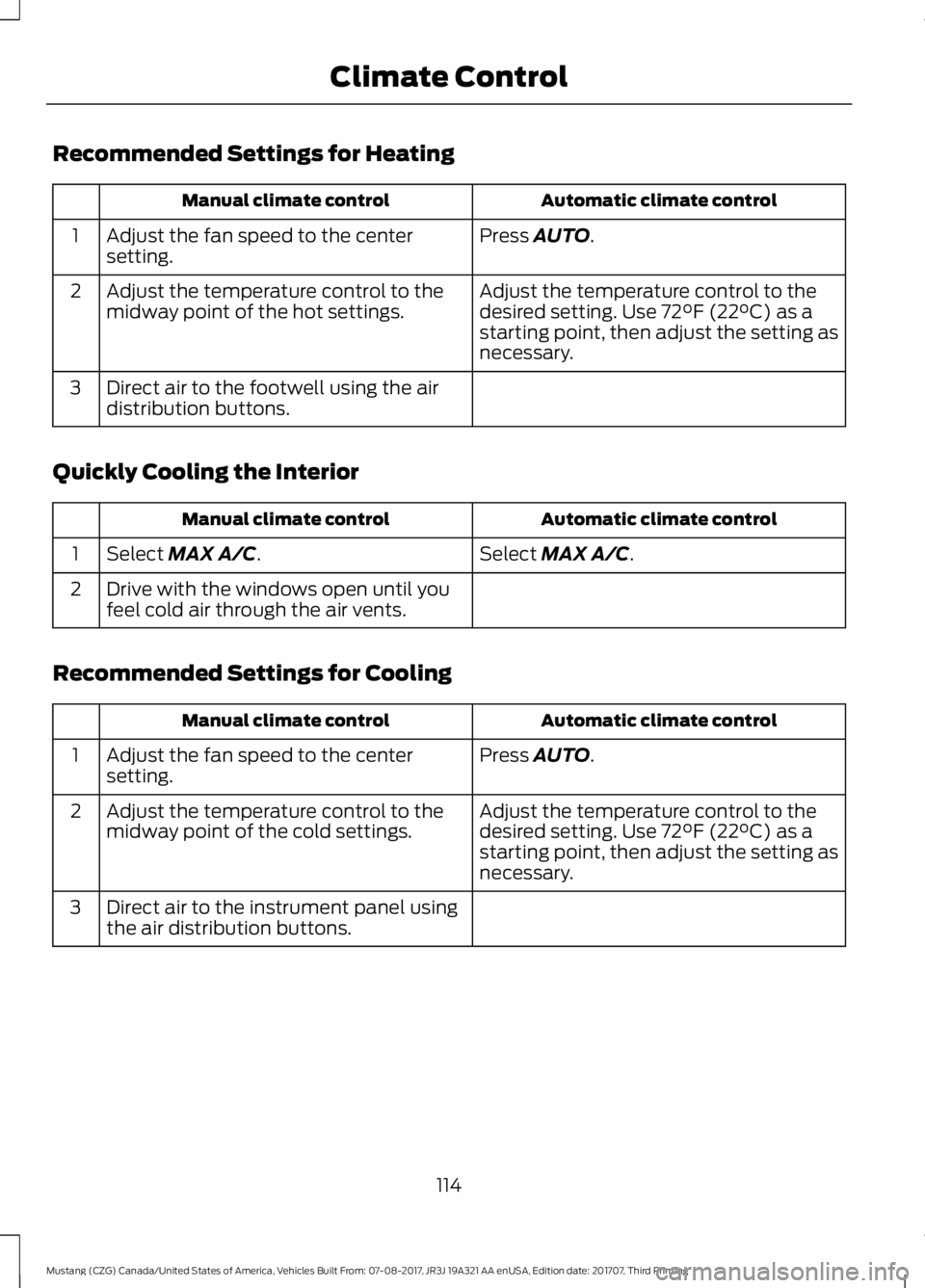 FORD MUSTANG 2018   Owners Manual Recommended Settings for Heating
Automatic climate control
Manual climate control
Press AUTO.
Adjust the fan speed to the center
setting.
1
Adjust the temperature control to the
desired setting. Use 
