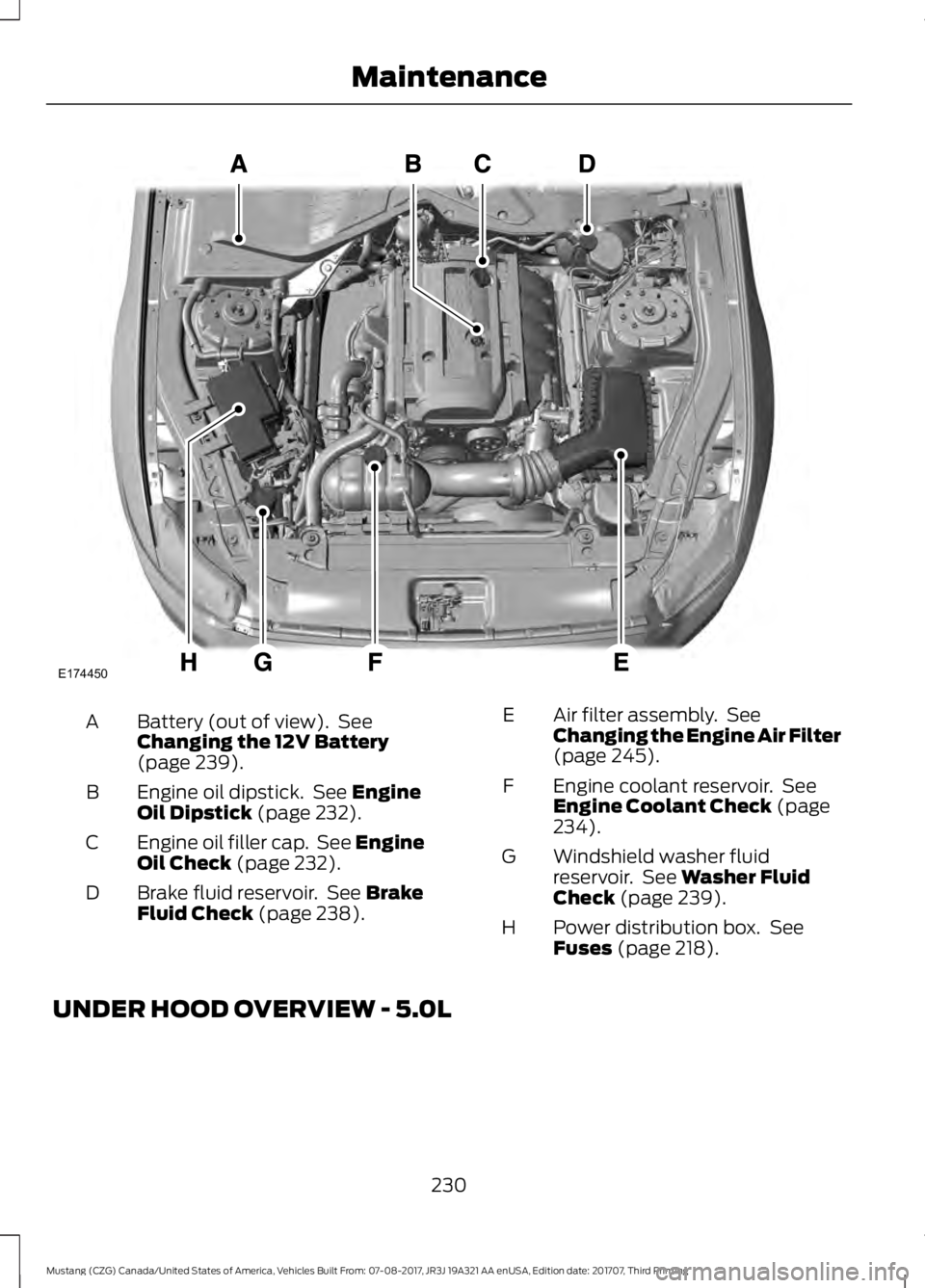 FORD MUSTANG 2018   Owners Manual Battery (out of view).  See
Changing the 12V Battery
(page 239).
A
Engine oil dipstick.  See 
Engine
Oil Dipstick (page 232).
B
Engine oil filler cap.  See Engine
Oil Check
 (page 232).
C
Brake fluid 