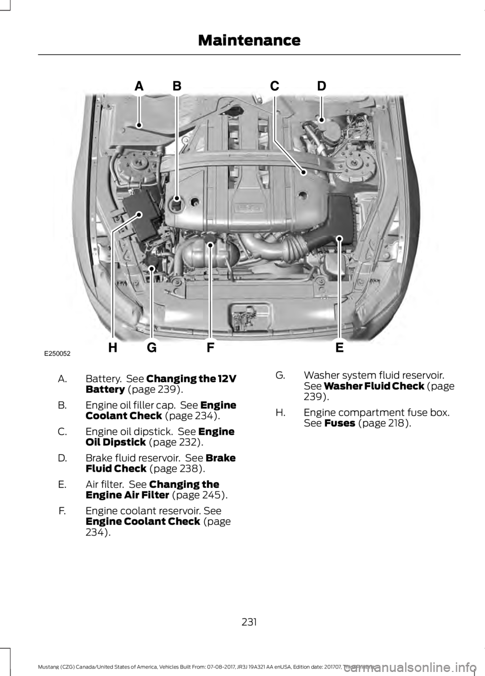 FORD MUSTANG 2018   Owners Manual Battery.  See Changing the 12V
Battery (page 239).
A.
Engine oil filler cap.  See Engine
Coolant Check
 (page 234).
B.
Engine oil dipstick.  See 
Engine
Oil Dipstick (page 232).
C.
Brake fluid reservo