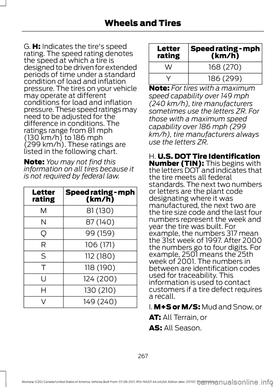 FORD MUSTANG 2018   Owners Manual G.
H: Indicates the tire's speed
rating. The speed rating denotes
the speed at which a tire is
designed to be driven for extended
periods of time under a standard
condition of load and inflation
p