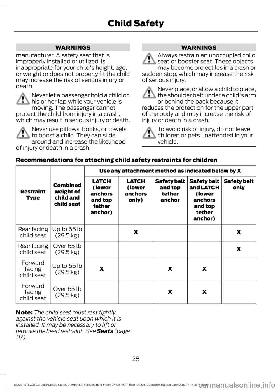 FORD MUSTANG 2018   Owners Manual WARNINGS
manufacturer. A safety seat that is
improperly installed or utilized, is
inappropriate for your child's height, age,
or weight or does not properly fit the child
may increase the risk of 