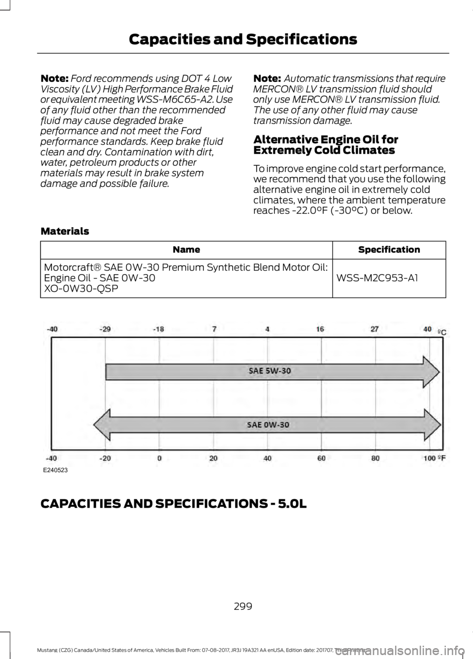 FORD MUSTANG 2018   Owners Manual Note:
Ford recommends using DOT 4 Low
Viscosity (LV) High Performance Brake Fluid
or equivalent meeting WSS-M6C65-A2. Use
of any fluid other than the recommended
fluid may cause degraded brake
perform