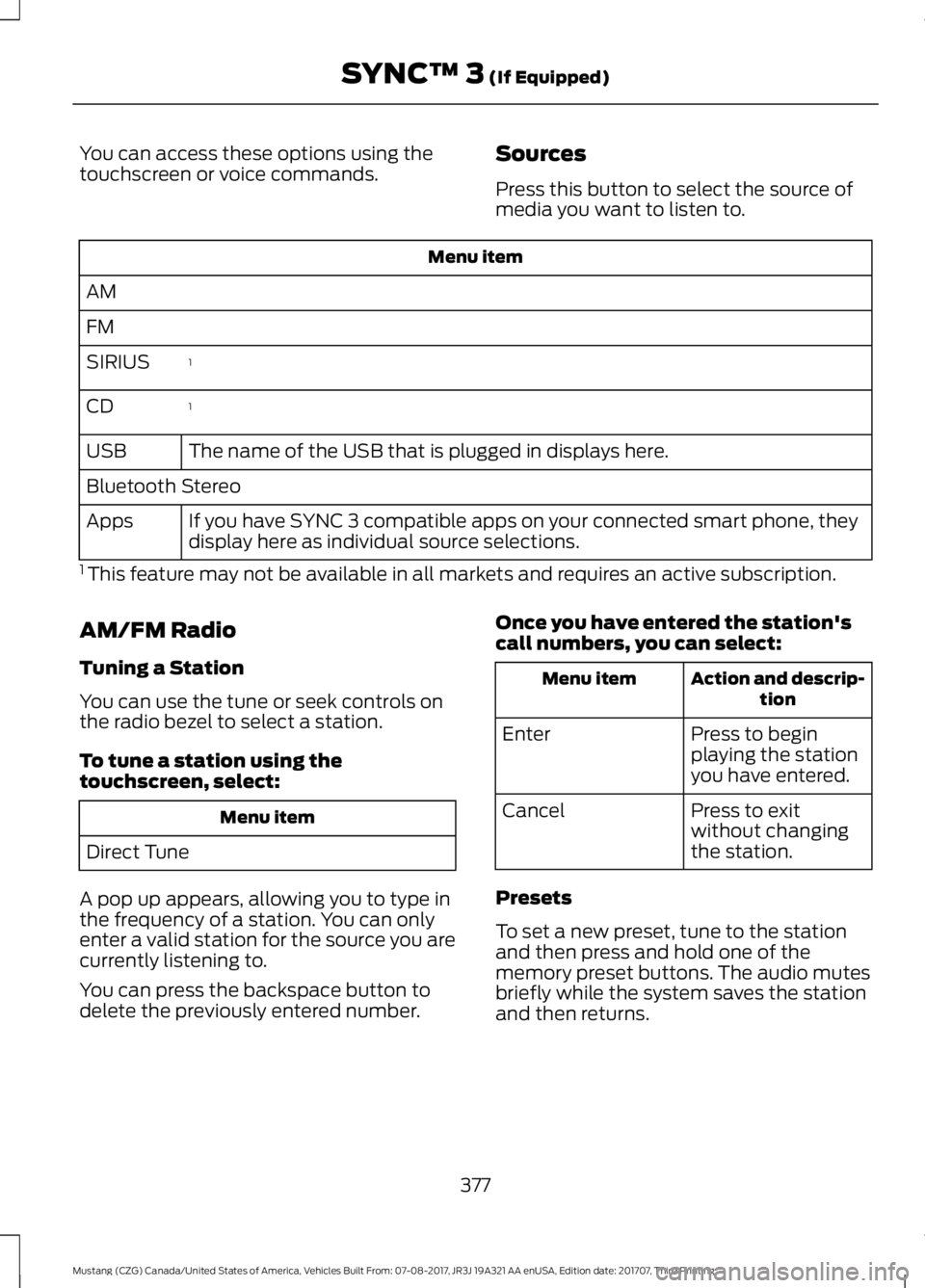 FORD MUSTANG 2018 Owners Manual You can access these options using the
touchscreen or voice commands.
Sources
Press this button to select the source of
media you want to listen to.Menu item
AM
FM 1
SIRIUS
1
CD
The name of the USB th FORD MUSTANG 2018 Owners Manual You can access these options using the
touchscreen or voice commands.
Sources
Press this button to select the source of
media you want to listen to.Menu item
AM
FM 1
SIRIUS
1
CD
The name of the USB th