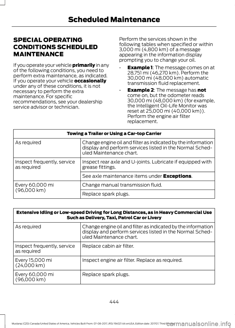 FORD MUSTANG 2018   Owners Manual SPECIAL OPERATING
CONDITIONS SCHEDULED
MAINTENANCE
If you operate your vehicle primarily in any
of the following conditions, you need to
perform extra maintenance, as indicated.
If you operate your ve