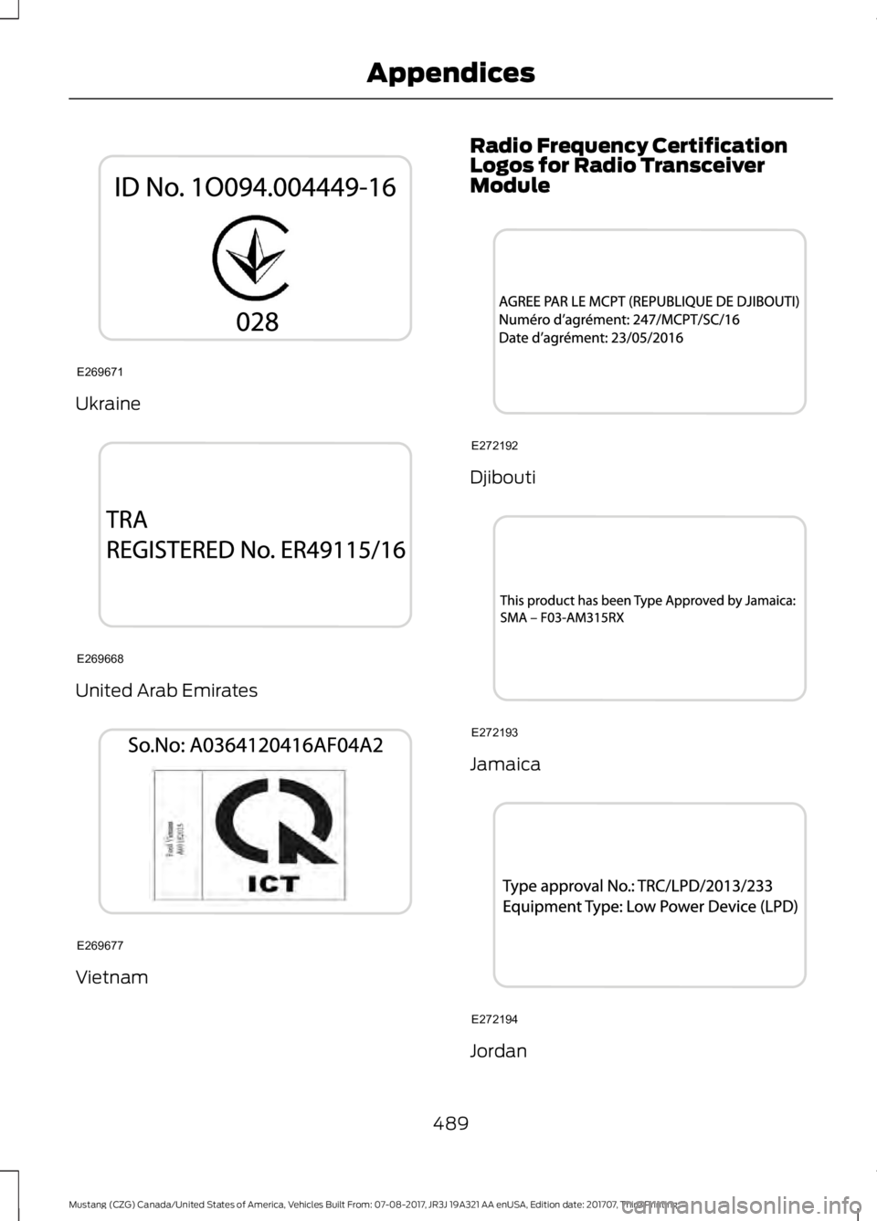 FORD MUSTANG 2018   Owners Manual Ukraine
United Arab Emirates
Vietnam Radio Frequency Certification
Logos for Radio Transceiver
Module
Djibouti
Jamaica
Jordan
489
Mustang (CZG) Canada/United States of America, Vehicles Built From: 07