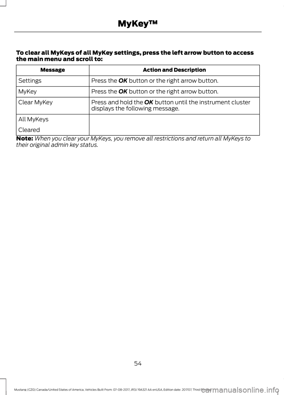FORD MUSTANG 2018   Owners Manual To clear all MyKeys of all MyKey settings, press the left arrow button to access
the main menu and scroll to:
Action and Description
Message
Press the OK button or the right arrow button.
Settings
Pre