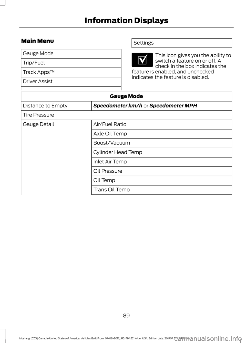 FORD MUSTANG 2018   Owners Manual Main Menu
Gauge Mode
Trip/Fuel
Track Apps
™
Driver Assist Settings
This icon gives you the ability to
switch a feature on or off. A
check in the box indicates the
feature is enabled, and unchecked
i
