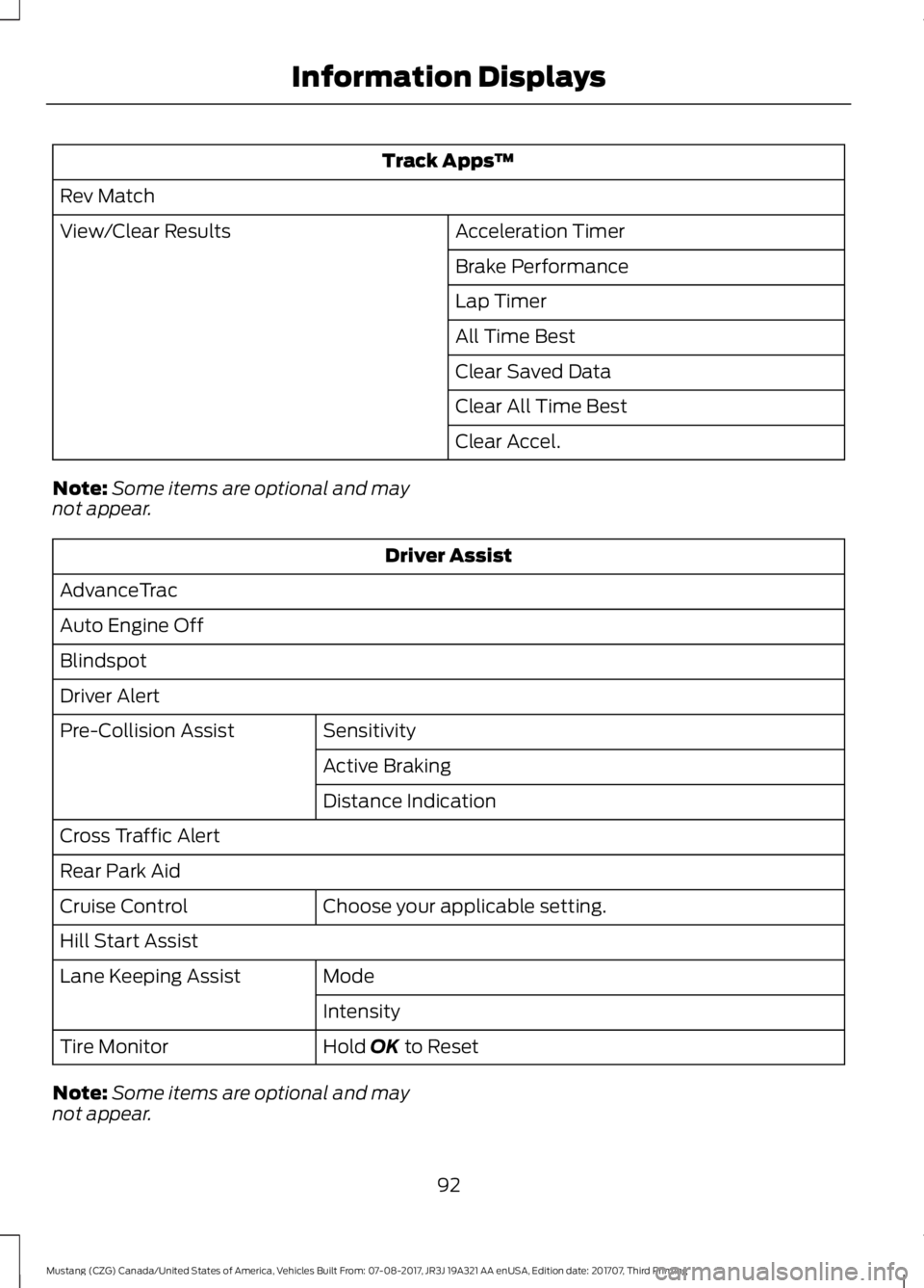 FORD MUSTANG 2018 Owners Manual Track Apps
™
Rev Match Acceleration Timer
View/Clear Results
Brake Performance
Lap Timer
All Time Best
Clear Saved Data
Clear All Time Best
Clear Accel.
Note: Some items are optional and may
not app FORD MUSTANG 2018 Owners Manual Track Apps
™
Rev Match Acceleration Timer
View/Clear Results
Brake Performance
Lap Timer
All Time Best
Clear Saved Data
Clear All Time Best
Clear Accel.
Note: Some items are optional and may
not app