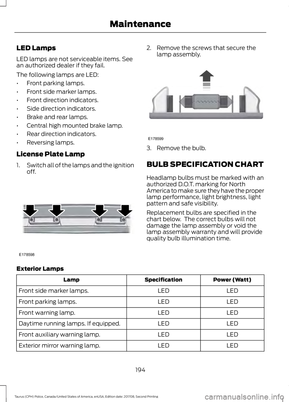 FORD POLICE INTERCEPTOR 2018 Warranty Guide LED Lamps
LED lamps are not serviceable items. See
an authorized dealer if they fail.
The following lamps are LED:
•
Front parking lamps.
• Front side marker lamps.
• Front direction indicators. FORD POLICE INTERCEPTOR 2018 Warranty Guide LED Lamps
LED lamps are not serviceable items. See
an authorized dealer if they fail.
The following lamps are LED:
•
Front parking lamps.
• Front side marker lamps.
• Front direction indicators.