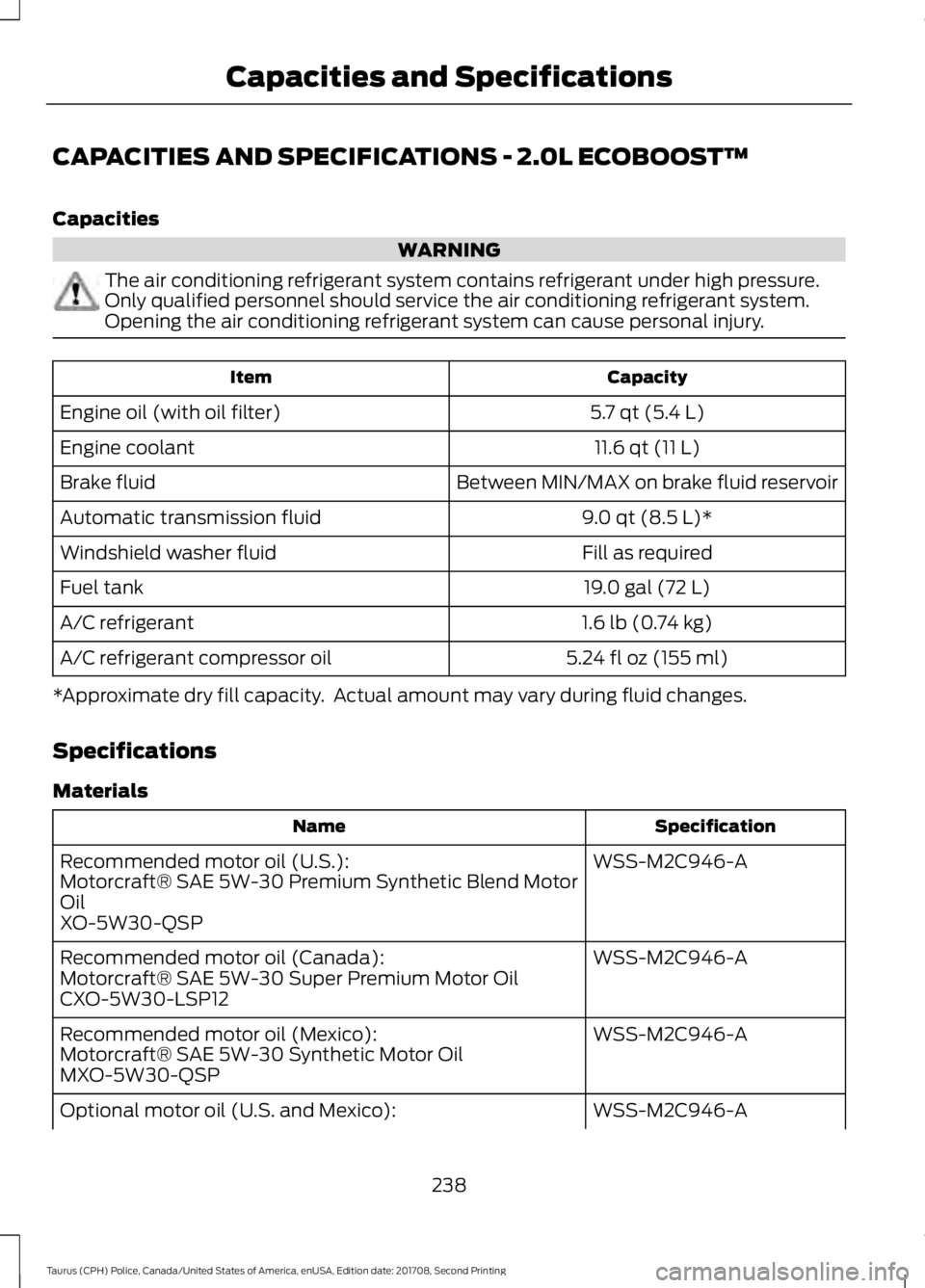 FORD POLICE INTERCEPTOR 2018 Warranty Guide CAPACITIES AND SPECIFICATIONS - 2.0L ECOBOOST™
Capacities
WARNING
The air conditioning refrigerant system contains refrigerant under high pressure.
Only qualified personnel should service the air co FORD POLICE INTERCEPTOR 2018 Warranty Guide CAPACITIES AND SPECIFICATIONS - 2.0L ECOBOOST™
Capacities
WARNING
The air conditioning refrigerant system contains refrigerant under high pressure.
Only qualified personnel should service the air co
