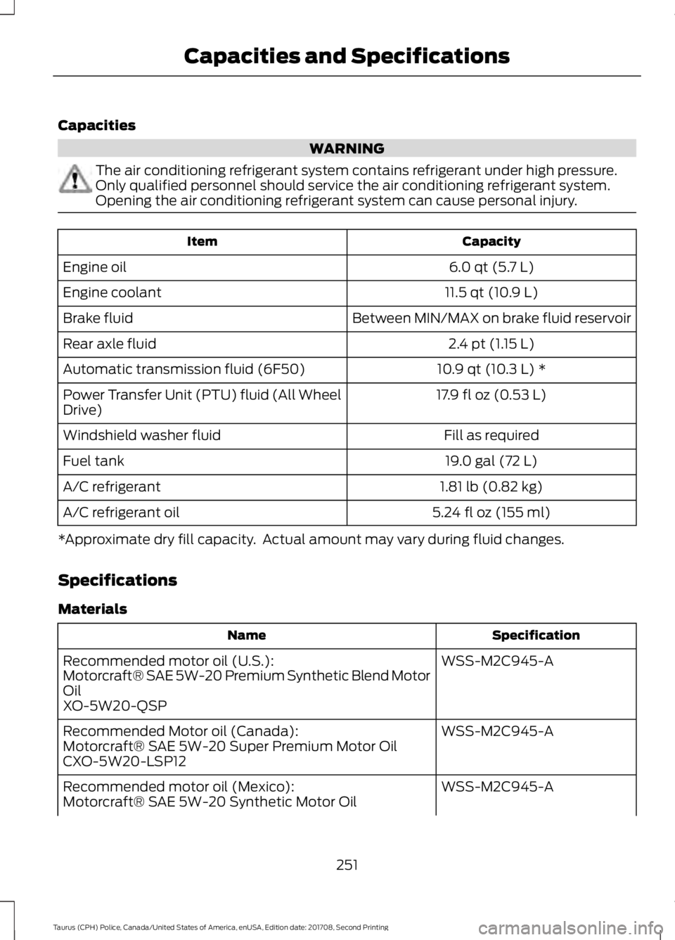 FORD POLICE INTERCEPTOR 2018 Warranty Guide Capacities
WARNING
The air conditioning refrigerant system contains refrigerant under high pressure.
Only qualified personnel should service the air conditioning refrigerant system.
Opening the air co FORD POLICE INTERCEPTOR 2018 Warranty Guide Capacities
WARNING
The air conditioning refrigerant system contains refrigerant under high pressure.
Only qualified personnel should service the air conditioning refrigerant system.
Opening the air co