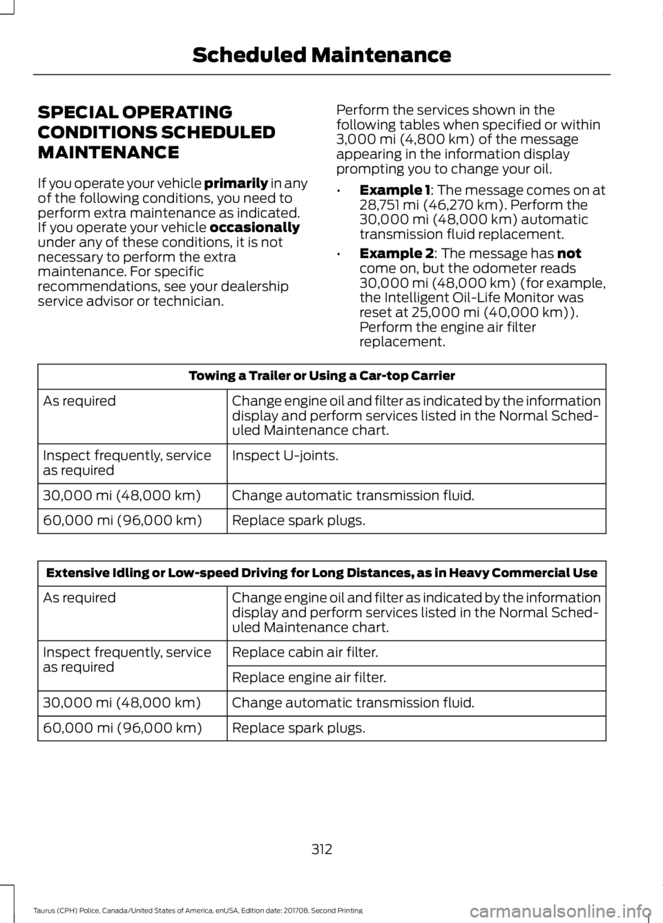 FORD POLICE INTERCEPTOR 2018  Warranty Guide SPECIAL OPERATING
CONDITIONS SCHEDULED
MAINTENANCE
If you operate your vehicle primarily in any
of the following conditions, you need to
perform extra maintenance as indicated.
If you operate your veh