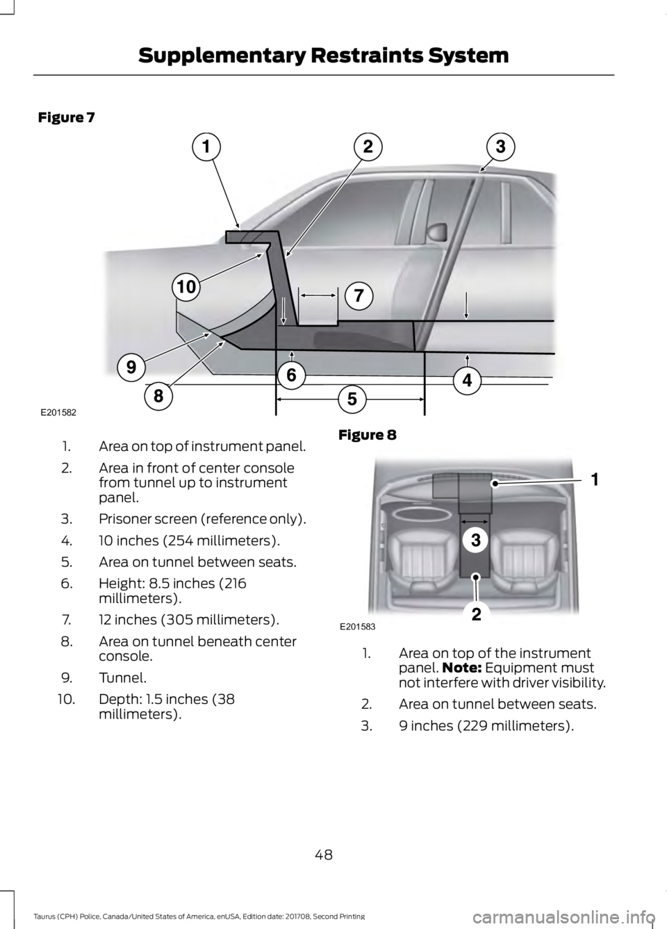FORD POLICE INTERCEPTOR 2018 Warranty Guide Figure 7
Area on top of instrument panel.
1.
Area in front of center console
from tunnel up to instrument
panel.
2.
Prisoner screen (reference only).
3.
10 inches (254 millimeters).
4.
Area on tunnel FORD POLICE INTERCEPTOR 2018 Warranty Guide Figure 7
Area on top of instrument panel.
1.
Area in front of center console
from tunnel up to instrument
panel.
2.
Prisoner screen (reference only).
3.
10 inches (254 millimeters).
4.
Area on tunnel