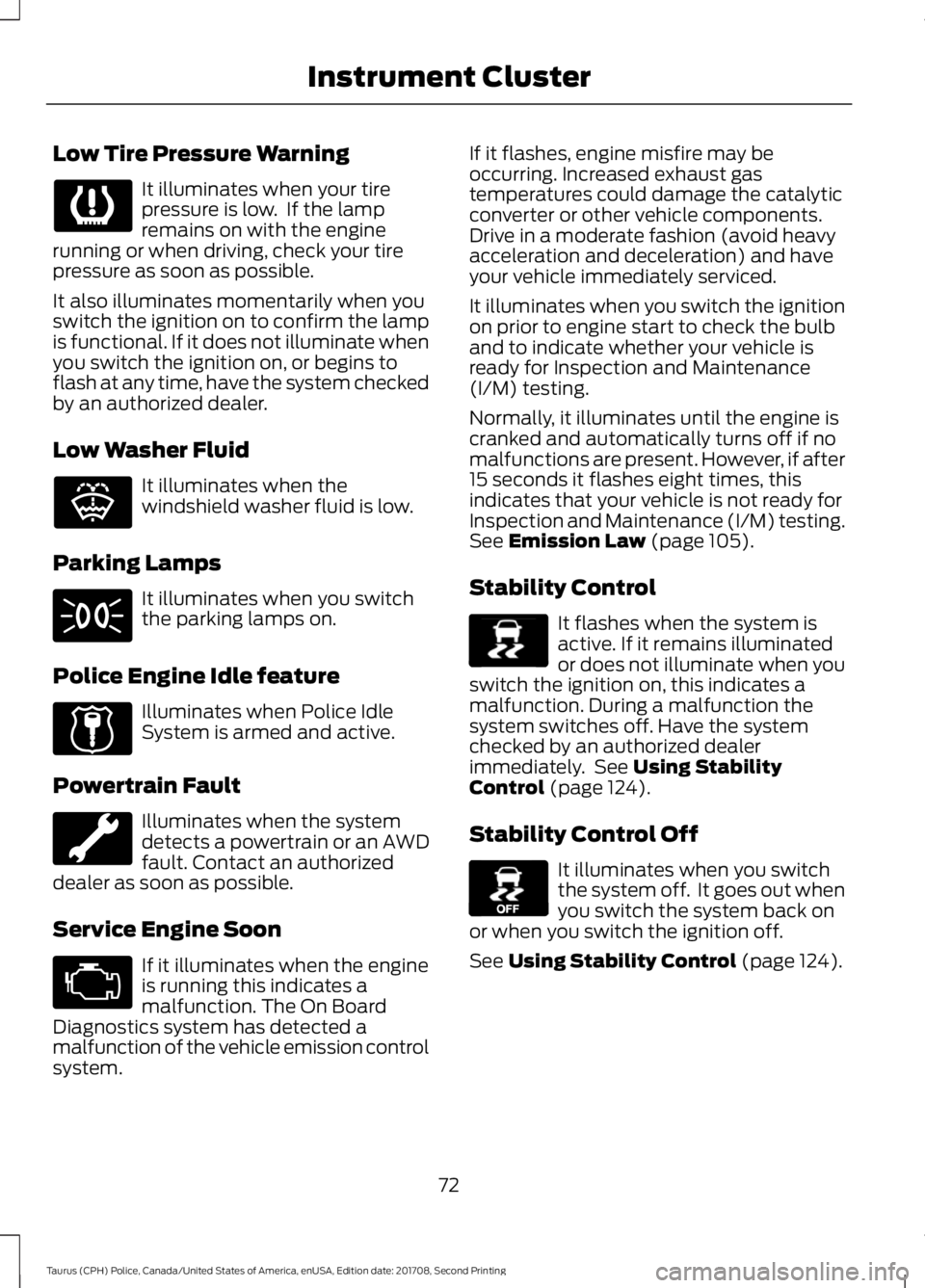 FORD POLICE INTERCEPTOR 2018 Warranty Guide Low Tire Pressure Warning
It illuminates when your tire
pressure is low. If the lamp
remains on with the engine
running or when driving, check your tire
pressure as soon as possible.
It also illumina FORD POLICE INTERCEPTOR 2018 Warranty Guide Low Tire Pressure Warning
It illuminates when your tire
pressure is low. If the lamp
remains on with the engine
running or when driving, check your tire
pressure as soon as possible.
It also illumina