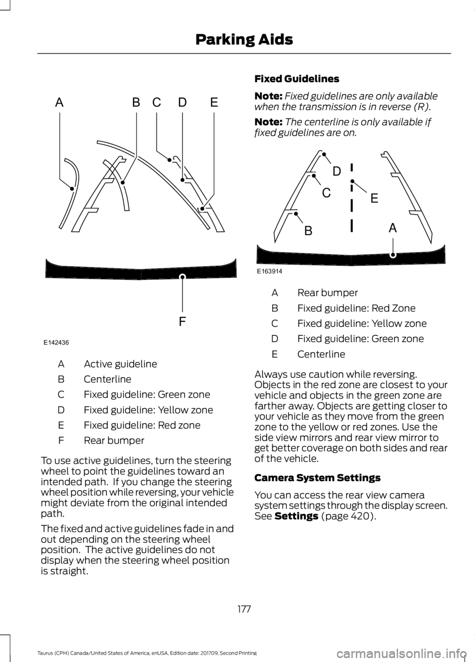 FORD TAURUS 2018 Owners Manual Active guideline
A
Centerline
B
Fixed guideline: Green zone
C
Fixed guideline: Yellow zone
D
Fixed guideline: Red zone
E
Rear bumper
F
To use active guidelines, turn the steering
wheel to point the gu FORD TAURUS 2018 Owners Manual Active guideline
A
Centerline
B
Fixed guideline: Green zone
C
Fixed guideline: Yellow zone
D
Fixed guideline: Red zone
E
Rear bumper
F
To use active guidelines, turn the steering
wheel to point the gu