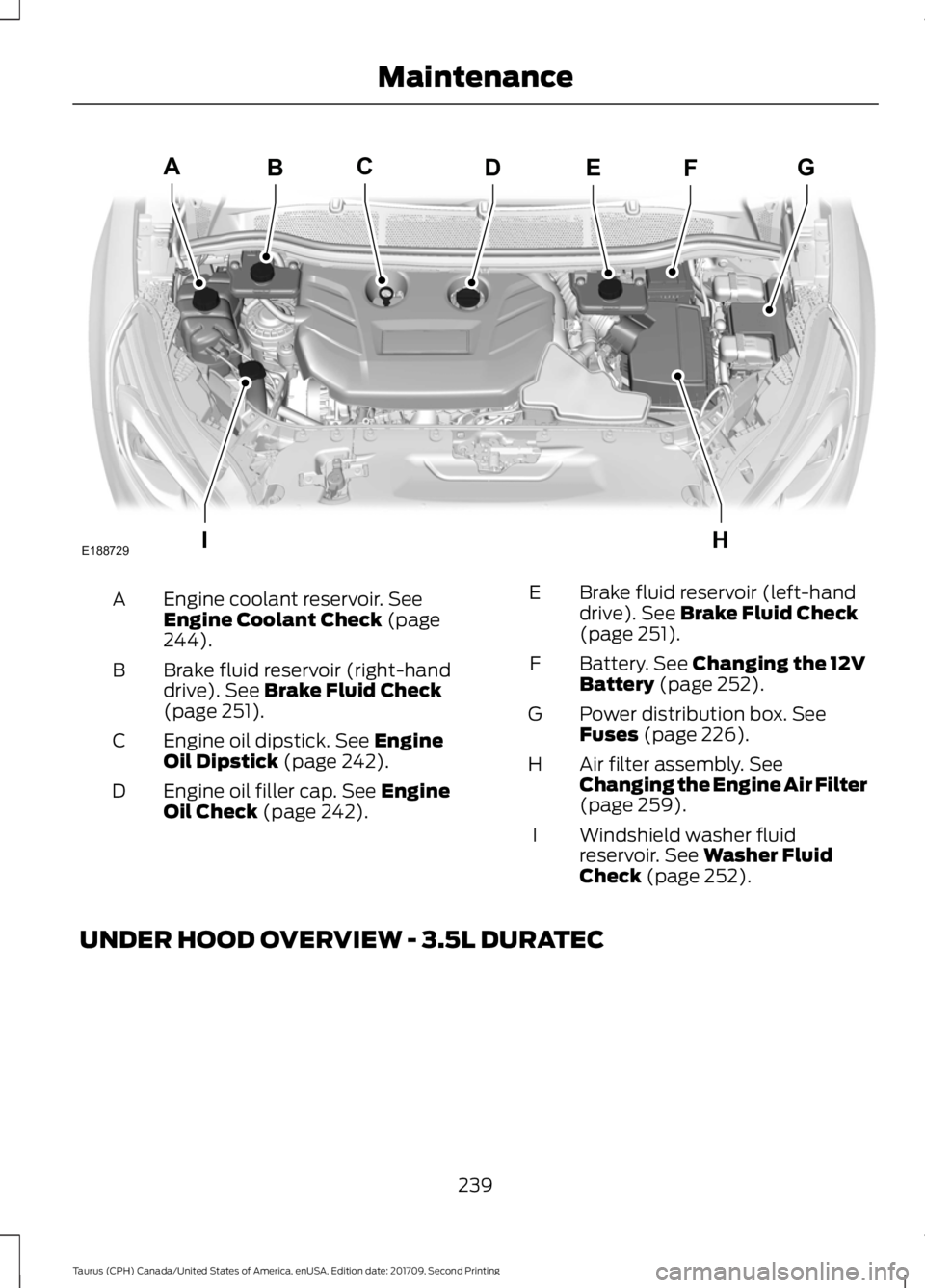 FORD TAURUS 2018  Owners Manual Engine coolant reservoir. See
Engine Coolant Check (page
244).
A
Brake fluid reservoir (right-hand
drive).
 See Brake Fluid Check
(page 251).
B
Engine oil dipstick.
 See Engine
Oil Dipstick (page 242)