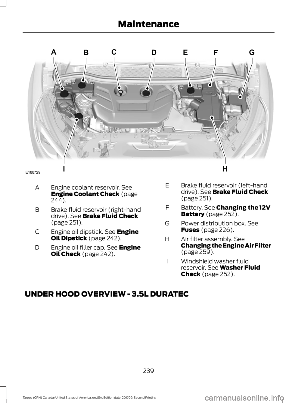 FORD TAURUS 2018 Owners Manual Engine coolant reservoir. See
Engine Coolant Check (page
244).
A
Brake fluid reservoir (right-hand
drive).
See Brake Fluid Check
(page 251).
B
Engine oil dipstick.
See Engine
Oil Dipstick (page 242) FORD TAURUS 2018 Owners Manual Engine coolant reservoir. See
Engine Coolant Check (page
244).
A
Brake fluid reservoir (right-hand
drive).
See Brake Fluid Check
(page 251).
B
Engine oil dipstick.
See Engine
Oil Dipstick (page 242)