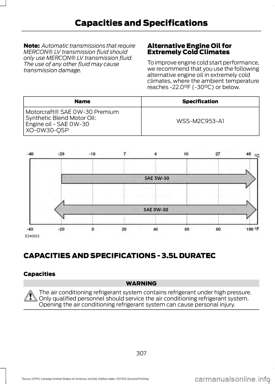 FORD TAURUS 2018  Owners Manual Note:
 Automatic transmissions that require
MERCON® LV transmission fluid should
only use MERCON® LV transmission fluid.
The use of any other fluid may cause
transmission damage. Alternative Engine 