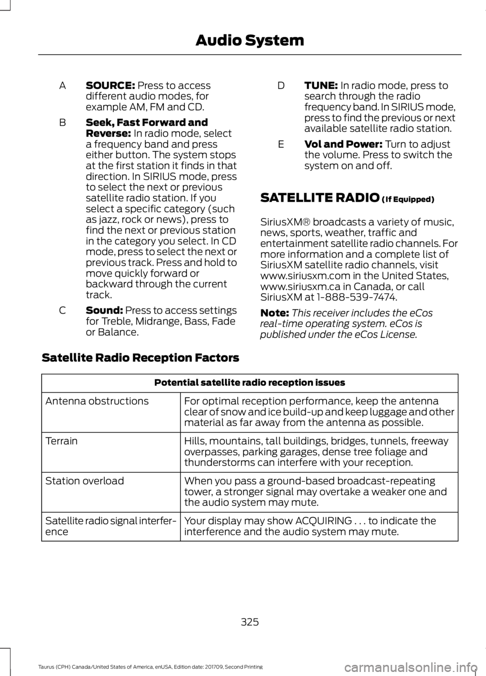 FORD TAURUS 2018 Owners Manual SOURCE: Press to access
different audio modes, for
example AM, FM and CD.
A
Seek, Fast Forward and
Reverse:
In radio mode, select
a frequency band and press
either button. The system stops
at the fir FORD TAURUS 2018 Owners Manual SOURCE: Press to access
different audio modes, for
example AM, FM and CD.
A
Seek, Fast Forward and
Reverse:
In radio mode, select
a frequency band and press
either button. The system stops
at the fir
