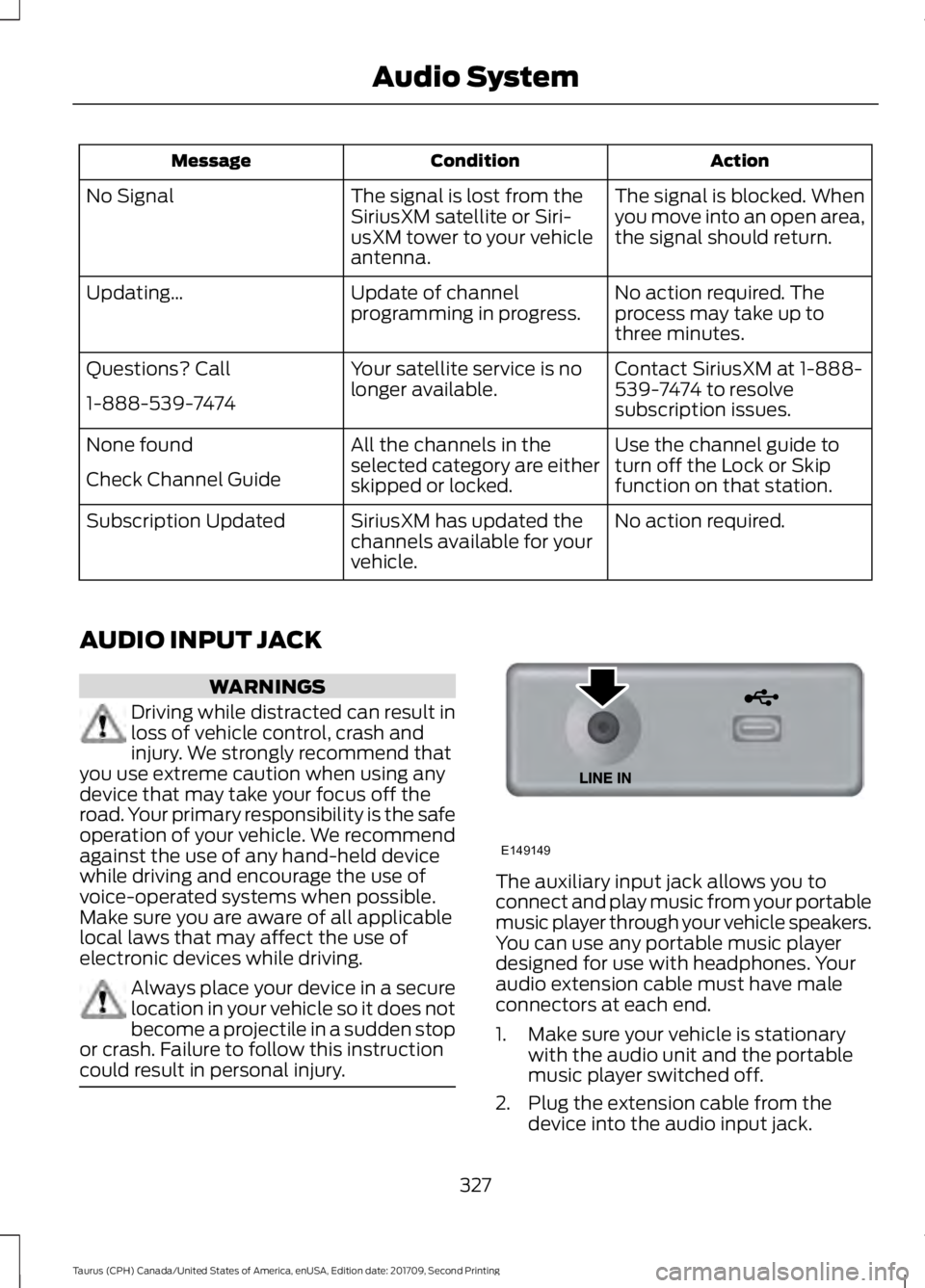 FORD TAURUS 2018 Owners Manual Action
Condition
Message
The signal is blocked. When
you move into an open area,
the signal should return.
The signal is lost from the
SiriusXM satellite or Siri-
usXM tower to your vehicle
antenna.
N FORD TAURUS 2018 Owners Manual Action
Condition
Message
The signal is blocked. When
you move into an open area,
the signal should return.
The signal is lost from the
SiriusXM satellite or Siri-
usXM tower to your vehicle
antenna.
N